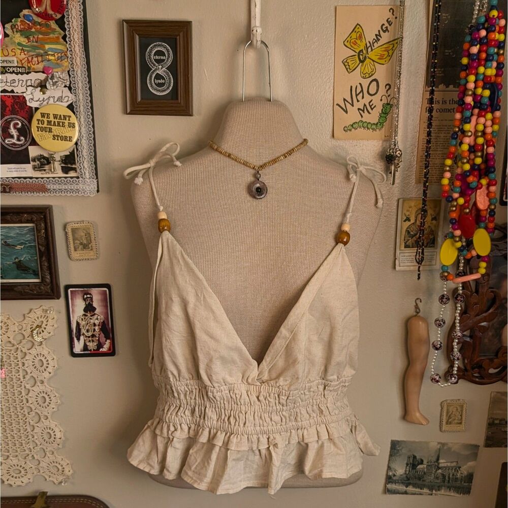 Linen Beaded Cropped Tank Top Women's XL Cream Beige